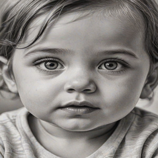 A hyperdetailed photorealistic black and white sketch of a beautiful toddler with deep white eyes, with a macro focus