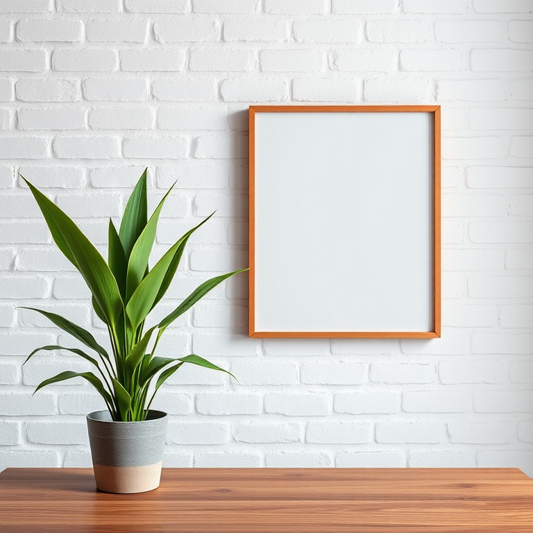 Generate a minimalist interior scene featuring a blank framed picture on a white brick wall beside a potted plant with long green leaves on a wooden table, captured with a DSLR camera at f/2.8, ISO 100, 35mm lens, shot from a low angle to create depth.