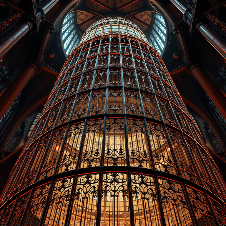 Generate a highly detailed 3D rendering of a gothic cage structure, using a Canon EOS 5D Mark IV with a 50mm lens, aperture set to f/1.8, ISO 100, and a focus on dramatic lighting and textures, shown from a low-angle view to emphasize its towering design.