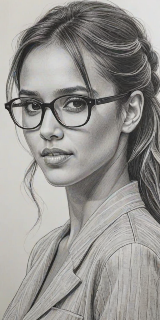 Stunning Jessica Alba, pencil sketch, portrait of Enticing woman 1939s in glasses, hair style beatnik, outline, clear lines, fine lines, 8k