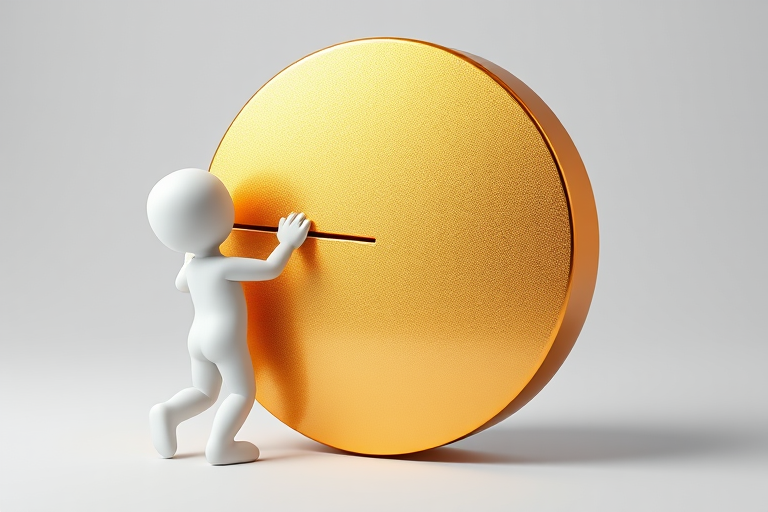 Create a 3D illustration of a small, white humanoid figure lifting a large gold pie chart with a shiny, textured surface, shot in a soft focus with a Canon EOS 5D Mark IV, 50mm lens, f/2.8 aperture, ISO 100, and a neutral lighting setup to enhance the overall image quality.
