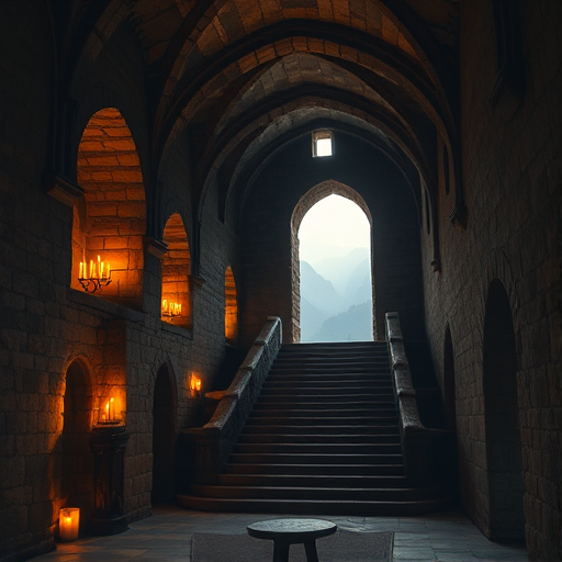 create a highly detailed image of a medieval stone castle interior with large stone arches, dimly lit by flickering candles, a grand staircase leading to an open archway with a view of misty mountains in the background, using a DSLR camera with a 24mm lens, aperture f/4, ISO 100, shutter speed 1/60s, shot from a low angle to enhance depth and perspective.