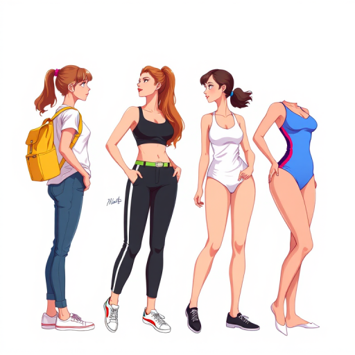 Create an illustration of a woman in four different outfits showing her side profile from left to right: casual outfit with a backpack, gym attire, formal wear, and swimwear; use a high-resolution digital art style with vibrant colors and smooth lines, set against a simple gradient background, captured with a digital camera at 50mm focal length, f/2.8 aperture for a soft depth of field.