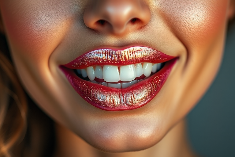 Mesmerizing woman lips adorned with holographic shimmer in iridescent rose gold, full face capture revealing enchanting smile and radiant skin