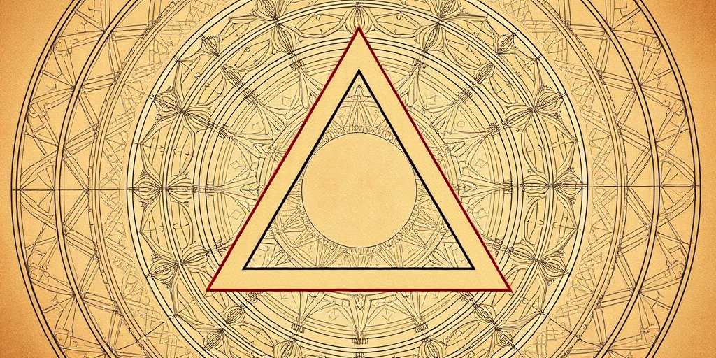 Create a high-resolution image of a geometric design featuring a triangle with a circle inside, overlaid on a circular pattern with intricate lines, use a DSLR camera with a 50mm lens, aperture f/1.8, ISO 100, and 1/125 shutter speed, with a soft focus background and even lighting.