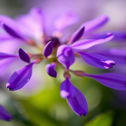 Close-up of a vibrant purple flower with soft bokeh background, 85mm lens, aperture f/1.8, ISO 100, natural light, macro photography, digital single-lens reflex camera.