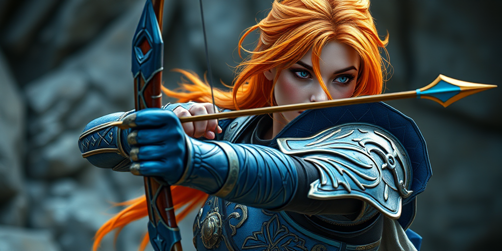 regenerate a high-resolution fantasy artwork of a female archer with orange hair wearing intricate blue and gold armor, aiming an arrow with a dynamic pose, shot with a DSLR camera at f/2.8 aperture, 50mm lens, ISO 100, natural lighting, and a shallow depth of field to enhance details and colors in a studio setting