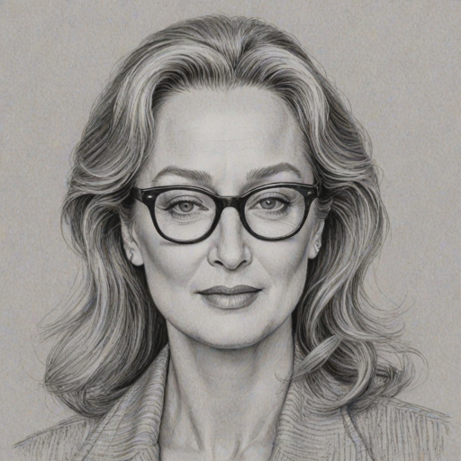 Sublime Meryl Streep, pencil sketch, portrait of Wonderful woman 1977s in glasses, hair style beatnik, outline, clear lines, fine lines, 8k
