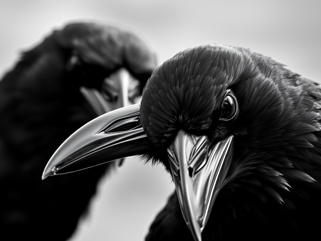 Two ravens close-up, sharp focus, high contrast black and white, f/2.8, 1/125s, ISO 200, macro lens, natural light, photographic style.