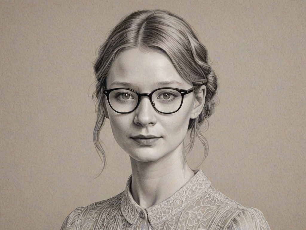 Gorgeous Mia Wasikowska, pencil sketch, portrait of Beauteous woman 1923s in glasses, hair style beatnik, outline, clear lines, fine lines, 8k