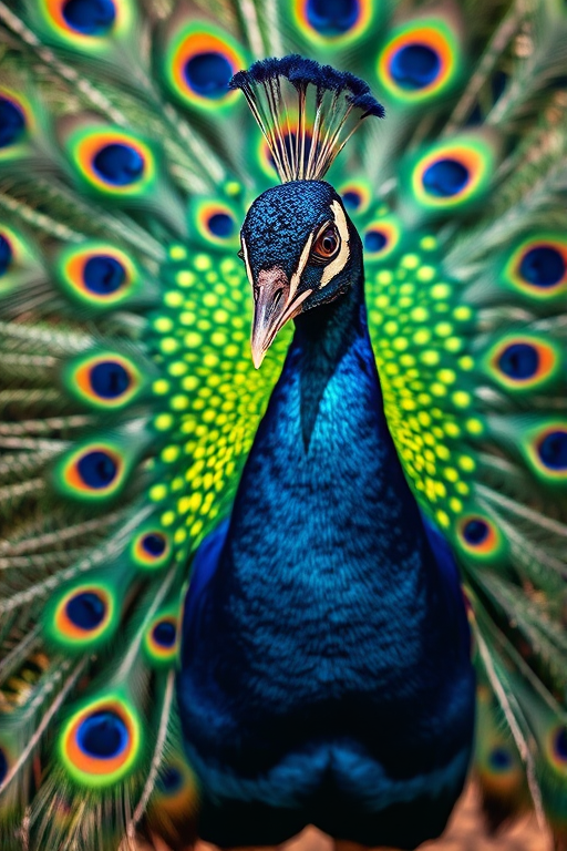 peacock displaying its vibrant feathers, close-up shot, 50mm lens, f/1.8 aperture, ISO 100, natural lighting, DSLR camera
