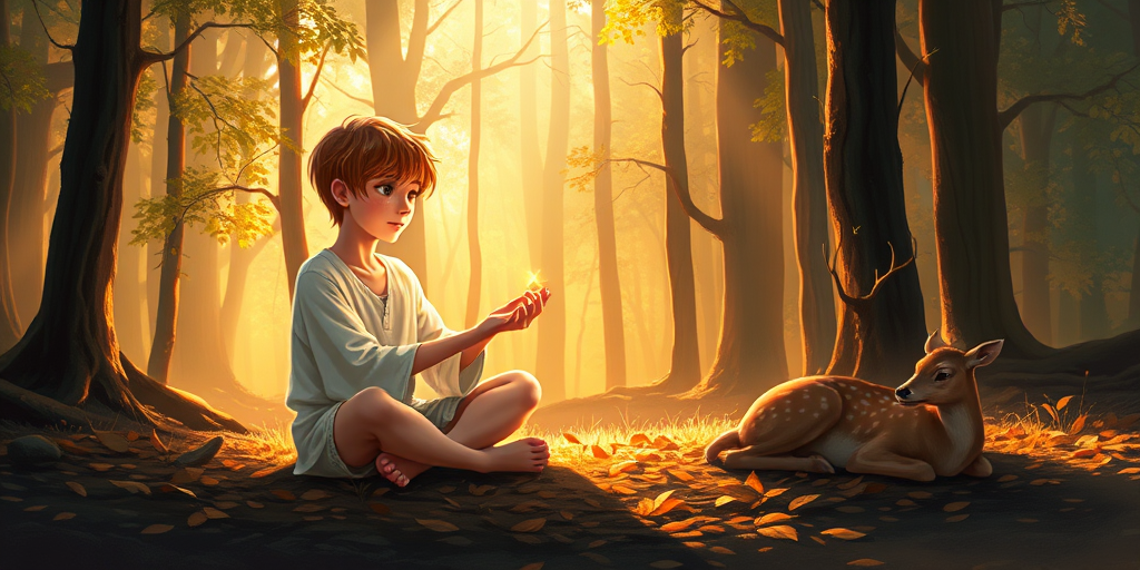A luminous digital painting of a serene forest scene featuring a barefoot young male, about 7 years old, with orange hair and fair skin, dressed in a simple white outfit. He sits cross-legged on the forest floor, gazing at a small, glowing, magical firefly in his hand. Beside him, a delicate spotted deer lies calmly on a bed of dried leaves, observing the scene. The dense forest is bathed in warm, golden light filtering through the trees, creating a peaceful, magical atmosphere with a blend of natural and mystical elements.
