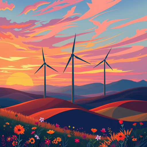 create an illustration of three wind turbines on a colorful landscape with rolling hills, featuring a vibrant sunset sky and abstract flora in the foreground.