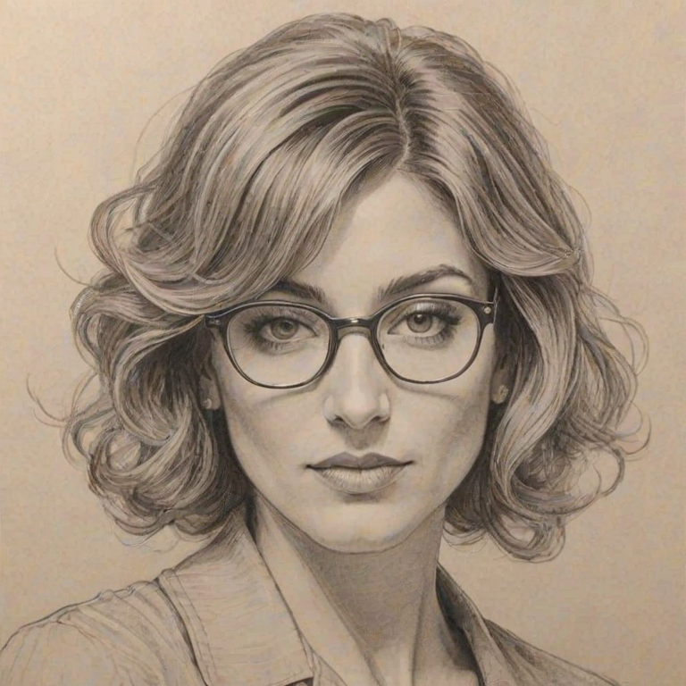 Radiant Jennifer Esposito, pencil sketch, portrait of Ravishing woman 1921s in glasses, hair style beatnik, outline, clear lines, fine lines, 8k
