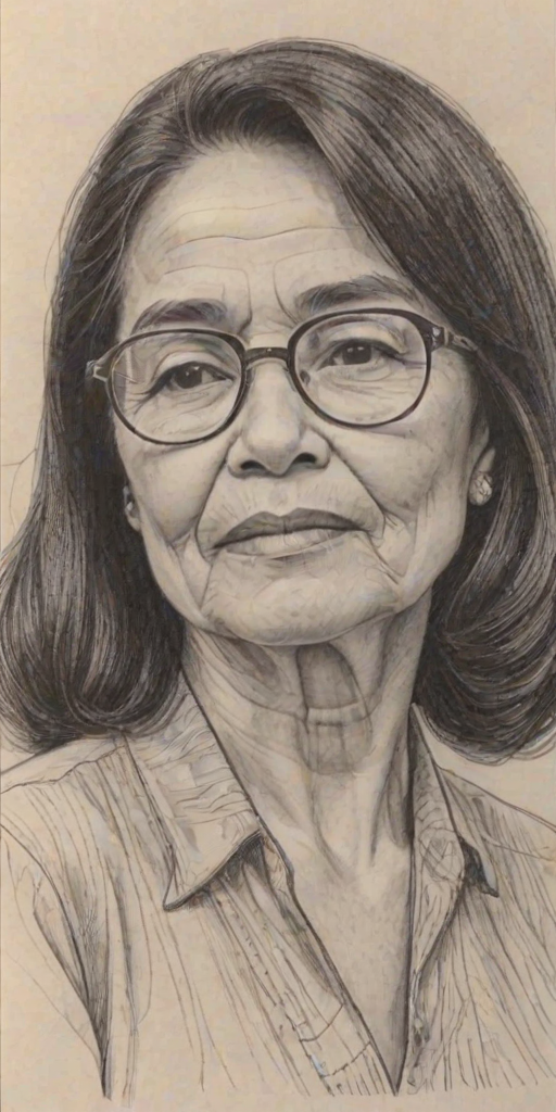 Enticing Dolores Huerta, pencil sketch, portrait of Bewitching woman 1964s in glasses, hair style beatnik, outline, clear lines, fine lines, 8k