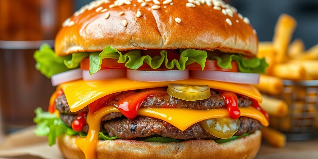 High-resolution, close-up image of a gourmet double cheeseburger. The burger features a glossy, sesame-seed-topped brioche bun. Inside, there are two thick, juicy beef patties, each topped with melted cheddar cheese. The burger is garnished with fresh lettuce, tomato slices, diced onions, and pickles. A generous amount of ketchup and a creamy, orange-colored sauce is dripping down the sides, adding to the mouth-watering appeal. In the background, there are blurred elements including a side of golden French fries and a hint of a beverage, enhancing the overall presentation of a delicious meal.