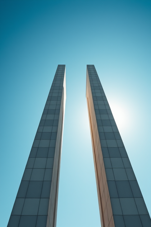 Create a minimalist architectural photograph showcasing two towering concrete structures in a clear blue sky, captured with a Canon EOS R5 at f/8, ISO 100, 1/200s, wide-angle view, natural sunlight, and a focus on sharp lines and textures.