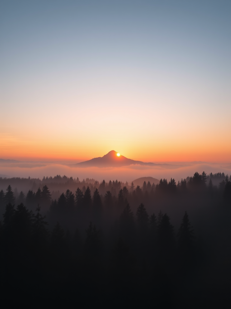 capture a serene sunrise over a misty forest with a distant mountain peak, soft pastel colors in the sky, focus on lens blur and depth of field, use a DSLR camera with a 50mm lens at f/2.8, shutter speed 1/100s, ISO 100, shoot from a high vantage point for a panoramic view