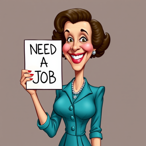 caricature of a smiling Vivien Leigh in a Cerulean dress or suit, holding up a sign that says "NEED A JOB", no watermark,
