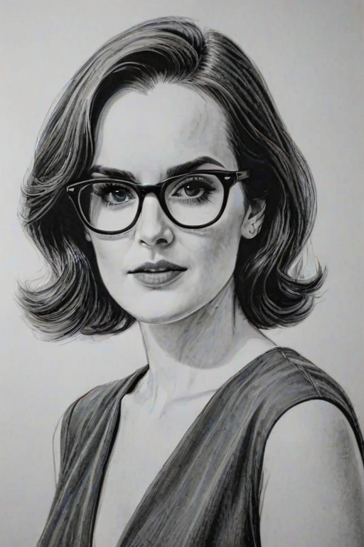 Gorgeous Michelle Dockery, pencil sketch, portrait of Superb woman 1937s in glasses, hair style beatnik, outline, clear lines, fine lines, 8k
