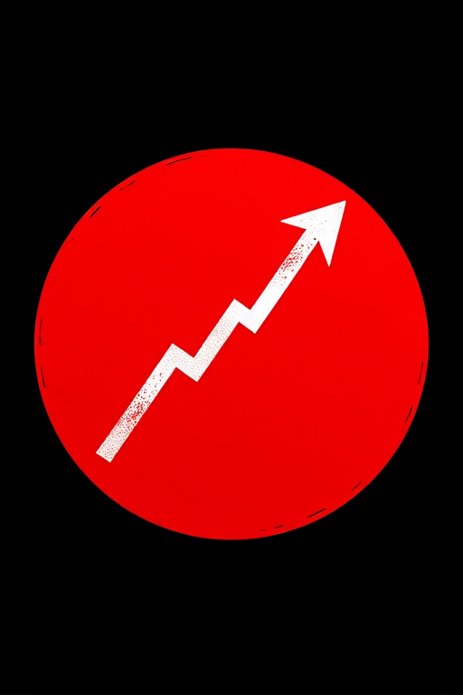 Create a vector graphic of a dynamic upward trend graph symbol on a bold red circular background, using a Canon EOS R5 camera, f/2.8 aperture, ISO 100, 50mm lens, high dynamic range for sharpness and clarity.