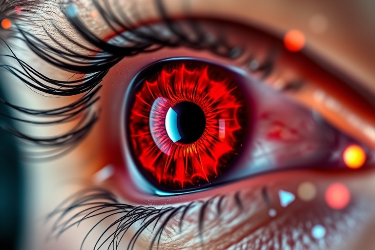 Create a close-up portrait of a human eye with an intense red iris, featuring shattered glass effects and colorful cosmic elements surrounding it, using a 50mm lens at f/1.8, ISO 100, and a shutter speed of 1/200s, captured with a DSLR camera in high dynamic range style.