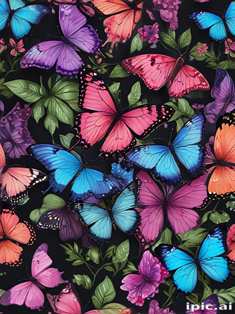 Colorful Butterflies Dancing Among Vibrant Flowers on a Dark Background