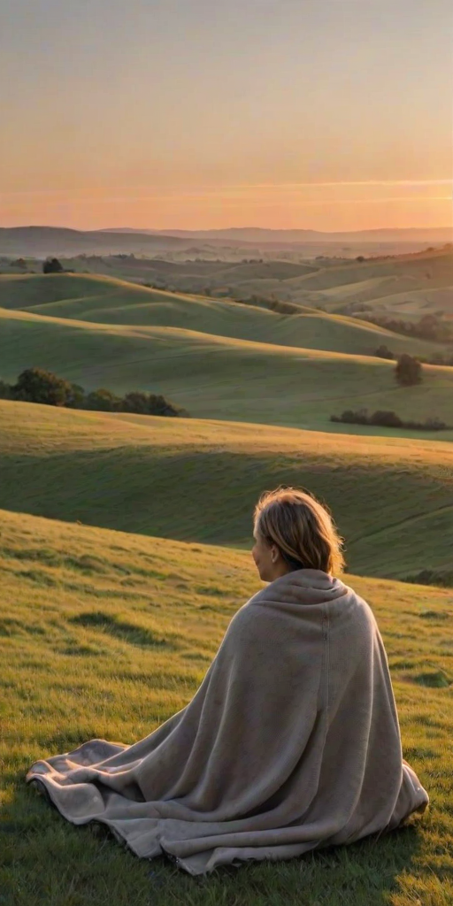 Sunrise over rolling hills, the soft light illuminating the landscape, with a woman sitting at the top of a hill, wrapped in a blanket, watching the dawn break.