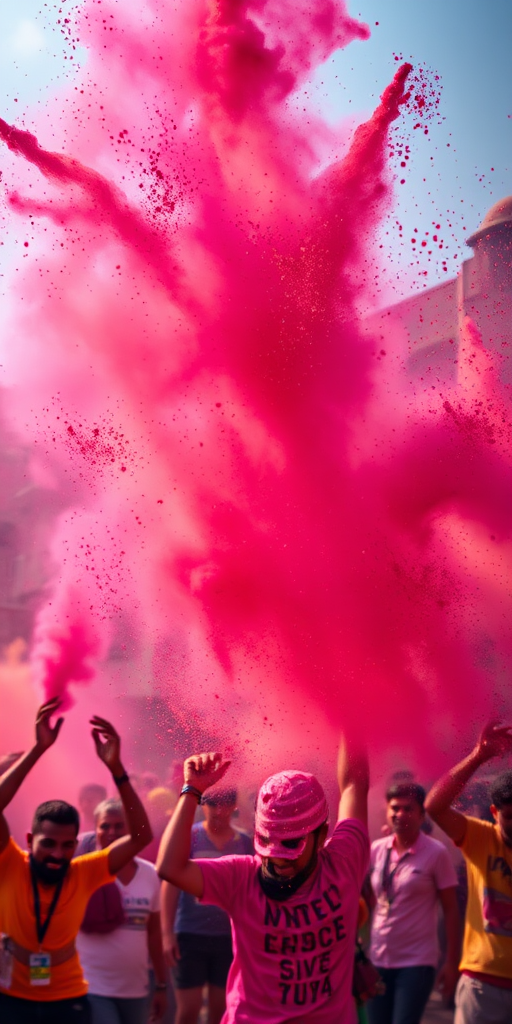 vibrant explosion of colored powder in the air, high dynamic range, 50mm lens, f/2.8 aperture, ISO 100, shutter speed 1/500 sec, low angle view, cinematic style, high-resolution digital camera