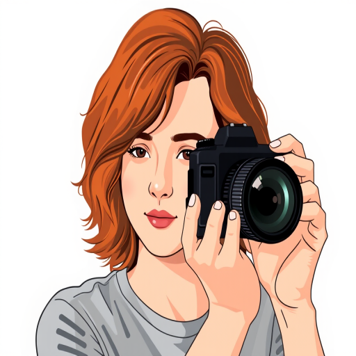 Create a flat design illustration of a person with shoulder-length, wavy, auburn hair wearing a gray shirt, using a DSLR camera with a 50mm lens in portrait mode, f/2.8 aperture, ISO 100, and natural lighting for enhanced clarity and contrast.