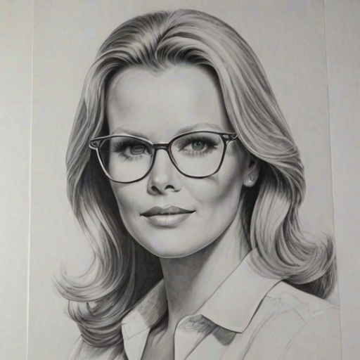 Stunning Cheryl Ladd, pencil sketch, portrait of Sublime woman 1976s in glasses, hair style beatnik, outline, clear lines, fine lines, 8k