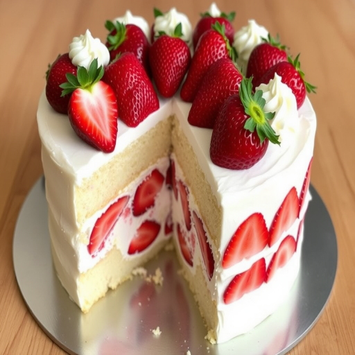 A delicious layered cake with a light yellow sponge base filled with whipped cream and fresh strawberries, topped with whole strawberries and decorative dollops of cream, served on a silver cake board, with a slice cut out to reveal the filling inside.