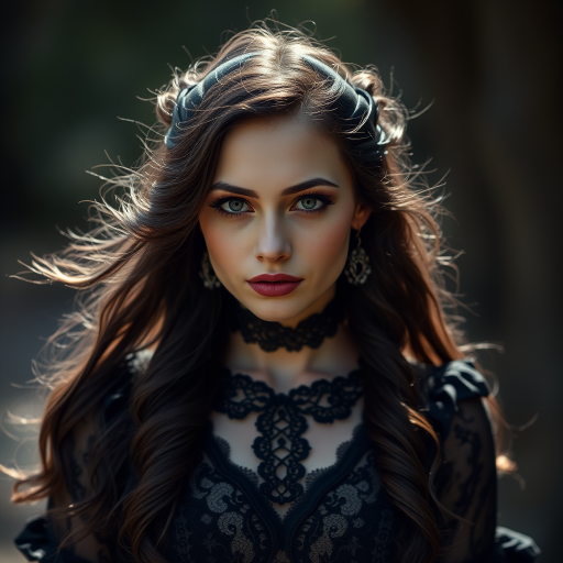 Create a portrait of a woman in a gothic outfit, showcasing intricate lace details and dark, flowing hair, shot with a Canon EOS R5 at f/1.8, ISO 100, using a 85mm lens, in soft natural lighting for a dreamlike effect.