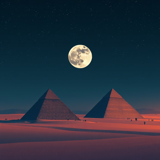 create a minimalistic landscape illustration of pyramids under a starry night sky with a full moon, using high contrast colors, capture in a digital art style, camera settings at f/8, ISO 100, 24mm lens, shot in a wide-angle perspective to enhance depth and detail.