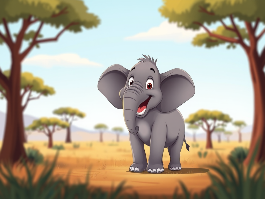 Create a cartoon image of a cheerful elephant standing in a savanna landscape with stylized trees and a light blue sky, using a DSLR camera with a 50mm lens, aperture f/2.8, ISO 100, and a shallow depth of field to enhance the colors and details.