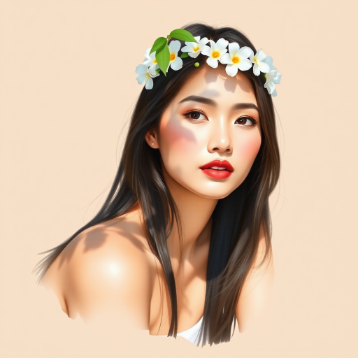 create a watercolor painting of an ethereal portrait of beautiful Malay woman with a simple white flower crown on her head. Her hair is long and she is lying on the ground. The sunlight on the trees casts shadows from the leaves on her face and body. The background is a neutral brown color that matches her skin tone. The image is minimalist and solid colors. This style is characterized by soft, delicate brushstrokes and a light, airy, contrasting color palette. High level of detail and play of light