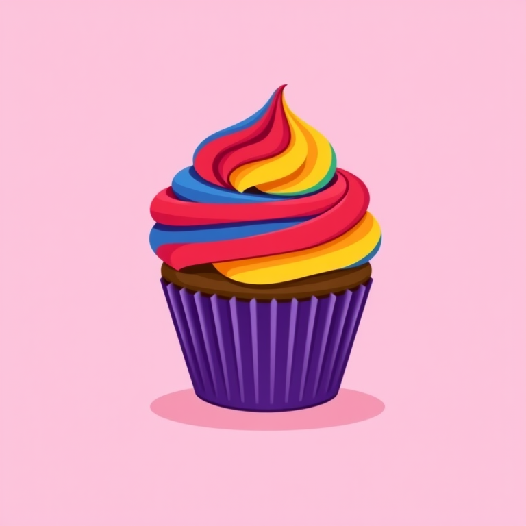 Create a vector illustration of a colorful cupcake with a purple base and swirled frosting in red, blue, and yellow against a soft pink background, using a digital drawing tablet with a 300 DPI resolution and a clean, flat design style.