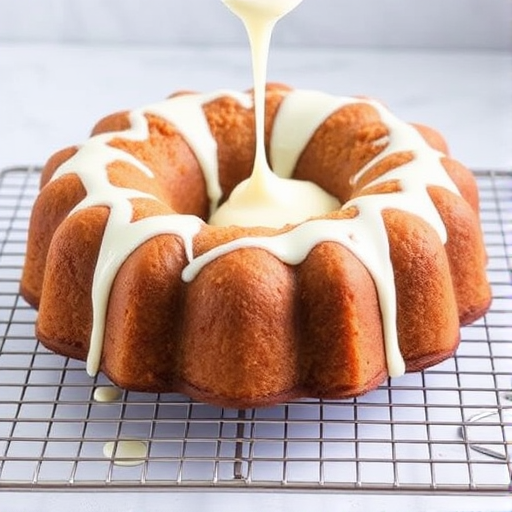 A delicious bundt cake with a golden-brown crust and a crumbly topping is placed on a cooling rack. Creamy white icing is being drizzled over the top, creating a glossy finish. The background is softly blurred to emphasize the cake.