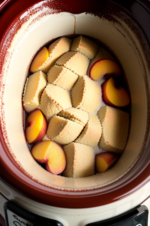 peach cobbler in a crock pot with cake mix