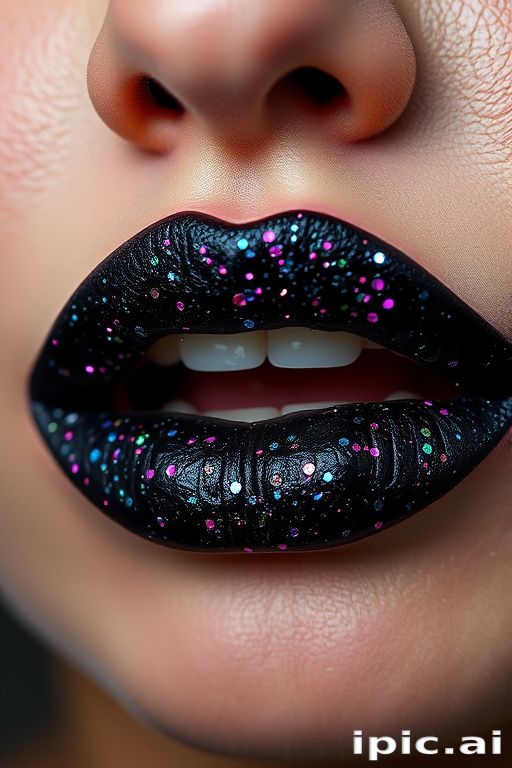 Glittery black lip gloss "Starry Night" packed with multi-colored shimmer particles, perfect for edgy and punk-inspired looks, non-sticky and comfortable formula