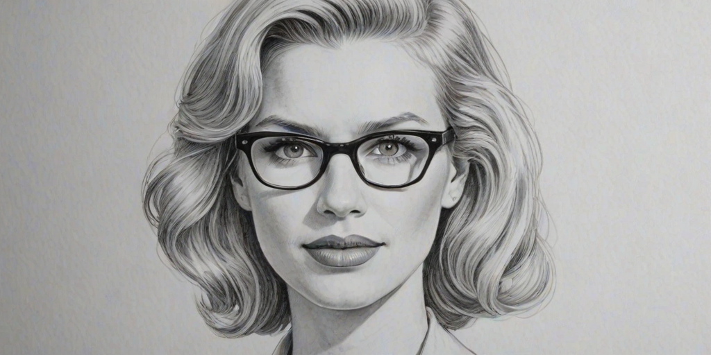 Sublime January Jones, pencil sketch, portrait of Delightful woman 1944s in glasses, hair style beatnik, outline, clear lines, fine lines, 8k