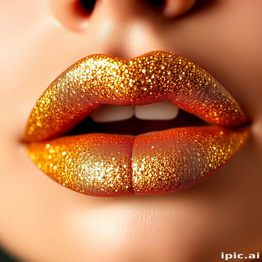 Glittery golden lips with a sparkling finish, called "Midas Touch," featuring ultra-fine shimmer particles and a luxurious, party-ready look