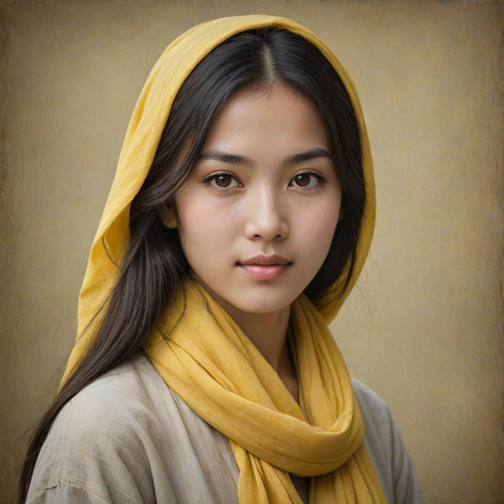 Create a portrait of a young Manchu woman with long, dark hair and captivating hazel eyes. She is wearing a Yellow headscarf and a matching scarf draped gracefully around her neck. The background is softly blurred, focusing attention on her serene and natural expression. The overall color palette is muted and warm, enhancing the intimate and authentic feel of the portrait.