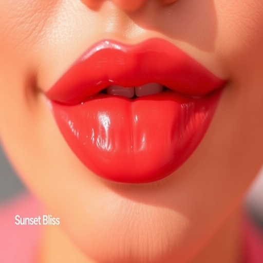 Vibrant coral-hued lips with a glossy finish, dubbed "Sunset Bliss," featuring a subtle ombre effect and a plumping formula for fuller appearance, perfect for summer evenings