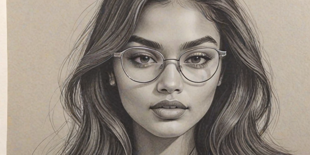 Bewitching Shanina Shaik, pencil sketch, portrait of Bewitching woman 1967s in glasses, hair style beatnik, outline, clear lines, fine lines, 8k