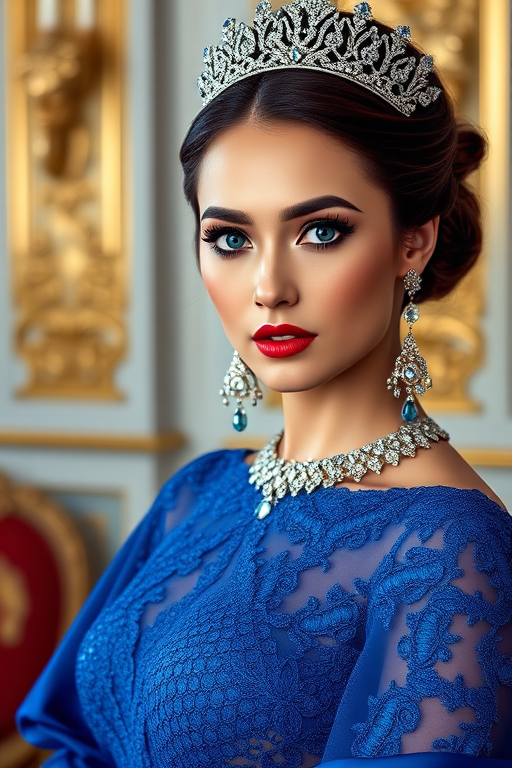 A gorgeous Kyrgyz woman in a luxurious blue gown, accessorized with a dazzling tiara and statement earrings, her deep blue eyes highlighted by impeccable makeup, poised in a royal setting, photorealistic, 8K quality