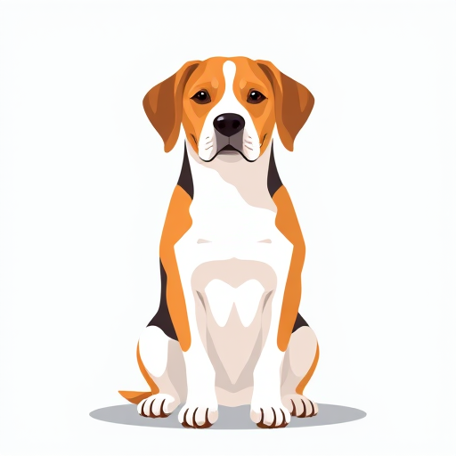 Create a high-resolution digital illustration of a seated beagle dog with a smooth flat design, using vibrant colors and clear outlines, captured with a 50mm lens at f/2.8, ISO 100, 1/200 sec shutter speed, in bright natural lighting, frontal view.