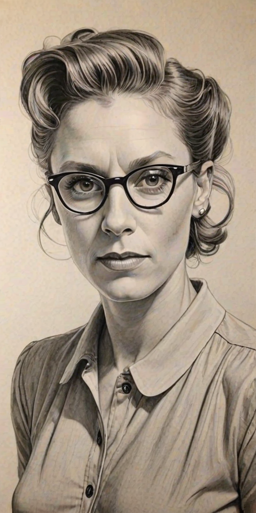 Alluring Frances McDormand, pencil sketch, portrait of Elegant woman 1940s in glasses, hair style beatnik, outline, clear lines, fine lines, 8k