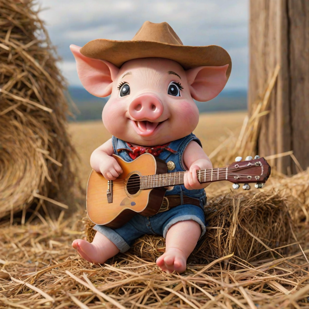 A chibi pig, dressed as a cowboy, playing guitar, sitting on a hay bale