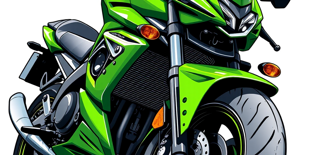 Create a high-resolution illustration of a green motorcycle with a dynamic angled view, using a DSLR camera with a 50mm lens, f/2.8 aperture, ISO 100, and a natural light setting to enhance details and contrast.